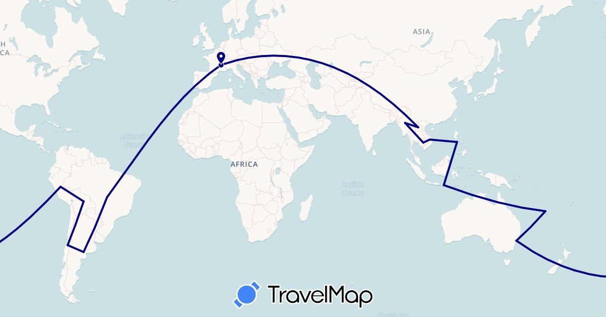 TravelMap itinerary: driving in Argentina, Australia, Bolivia, Brazil, Chile, France, Indonesia, Cambodia, Laos, Myanmar (Burma), New Caledonia, Peru, Philippines, Vietnam (Asia, Europe, Oceania, South America)